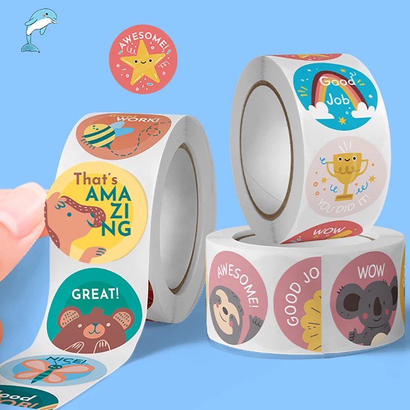 500Pcs/Roll Adhesive Coated Paper For Kids Reward Seal Labels DIY Decoration Cartoon Pattern Good Job Sticker Self-adhesive 500pcs roll circle thank you stickers seal labels flower food sticker handmade stickers stationery