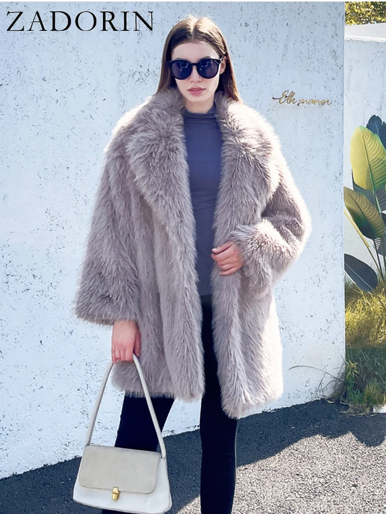 ZADORIN Winter Loose Faux Fur Jacket Women Furry Warm Lapel Mid