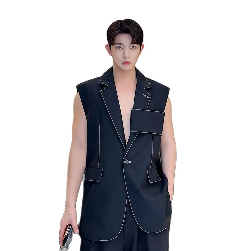 Personality Korean Fashion Design Long Suit Vest Mens Casual Long Suit Waistcoat Chic Style Sleeveless Jacket Gilet Homme 6