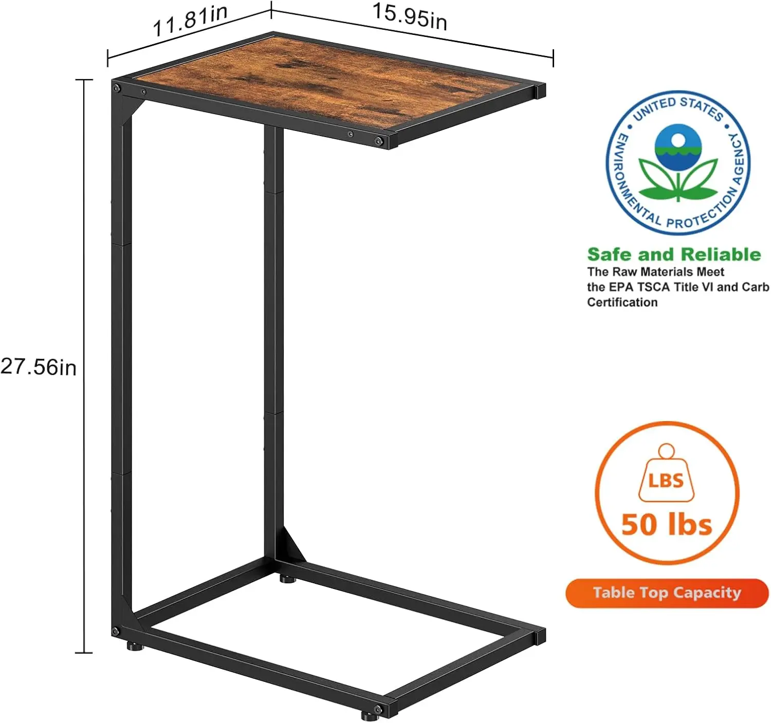 Side Table/C Shaped End Table for Couch & Bed, TV Tray for Eating on Couch, Small End Tables Small Spaces, Easy Assembly