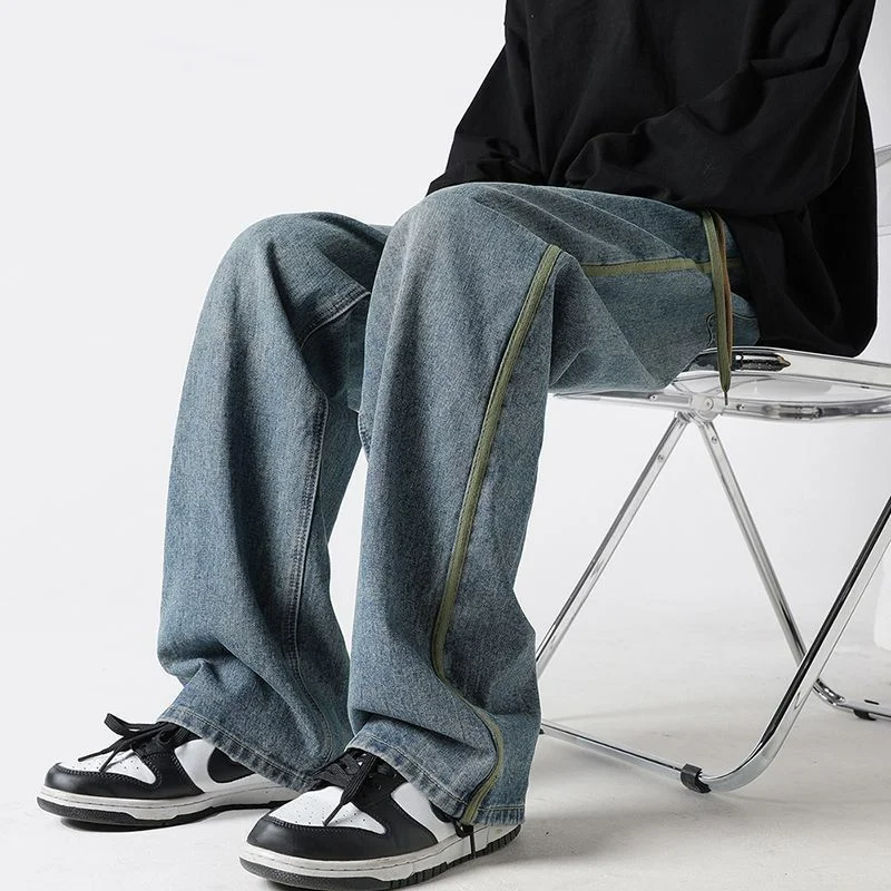 American High Street Trend Fashion Street Wide Jeans Men's Drawstring Pocket Patchwork Folds Washed Casual Loose Straight Pants