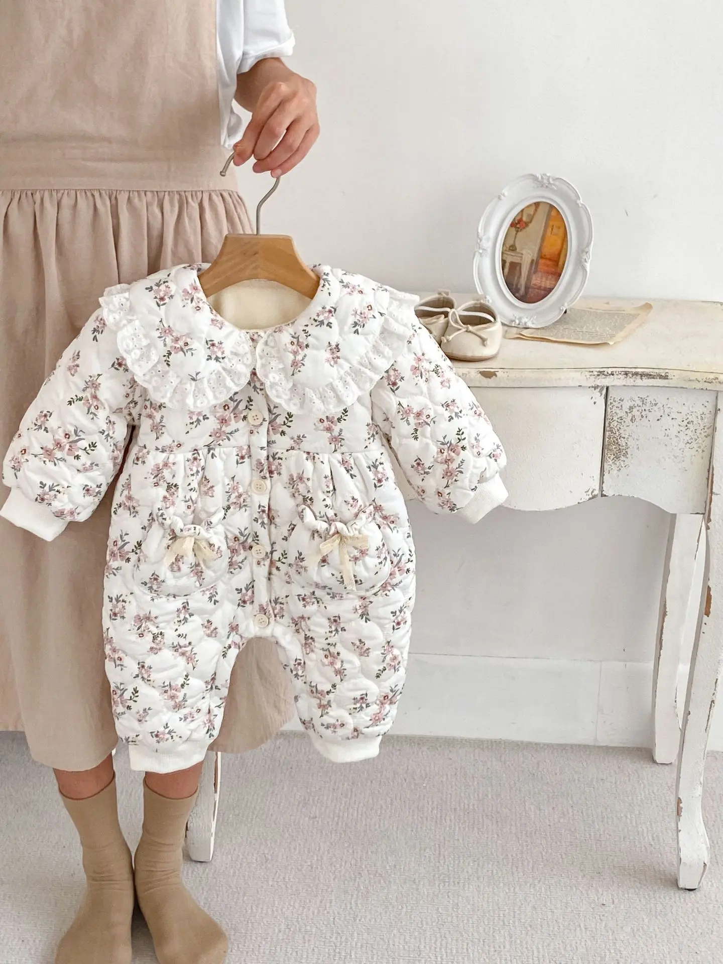 

Autumn Winter Newborn Thicken Baby Fleece Romper Girls Infant Floral Print Jumpsuit Toddler Plus Velevt Warm One Piece Clothes