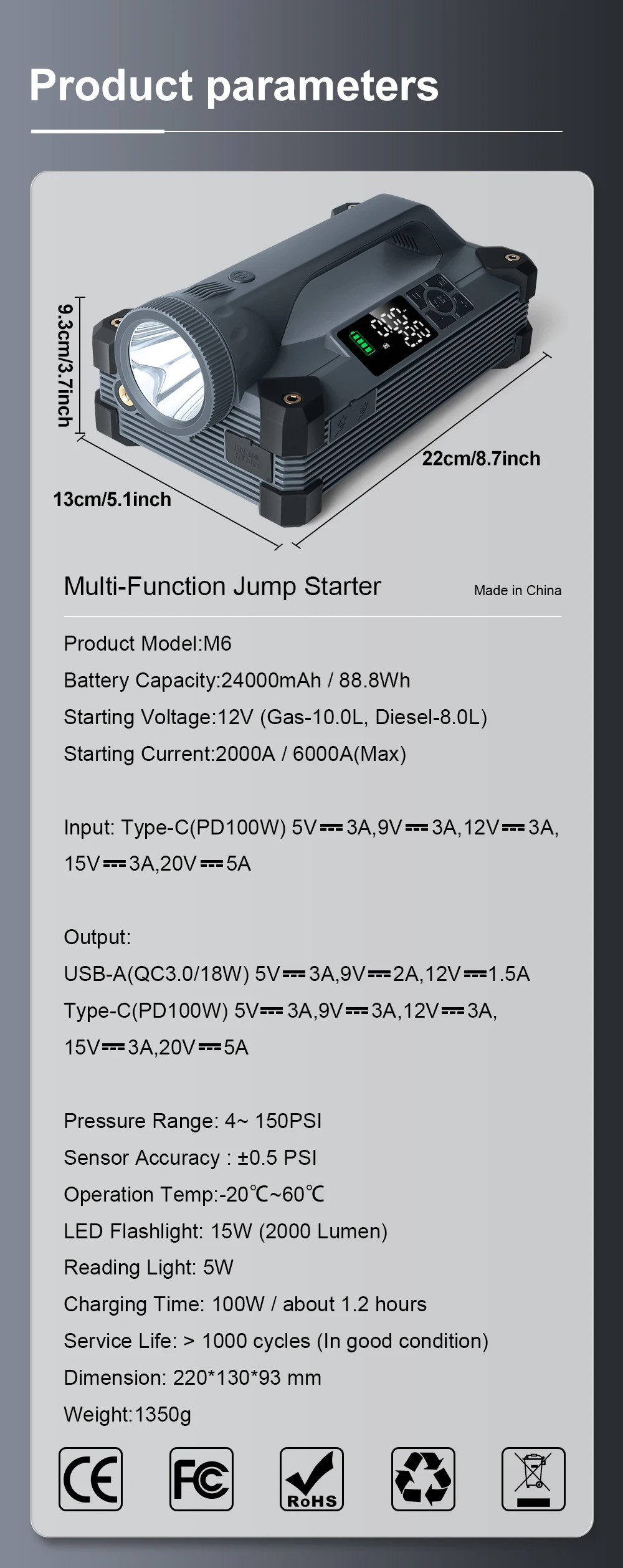 Car Jump Starter 6000A/12V with Air Compressor Tire Inflator for Car,15W Flashlight and Camping, PD 100W Power Bank 9