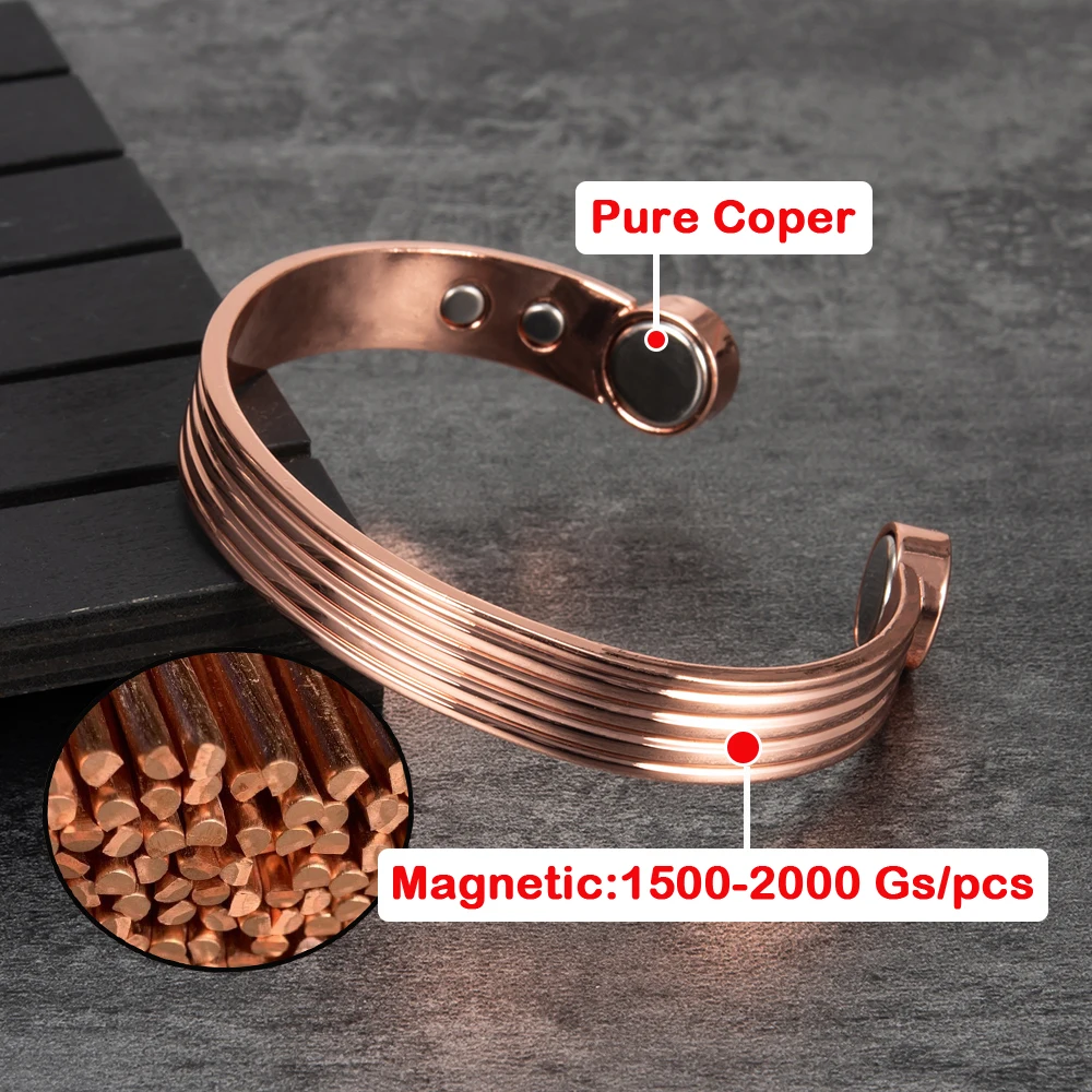 Magnetic Bangle Bracelet Pure Copper Adjustable Open Cuff 10mm Wide For Women