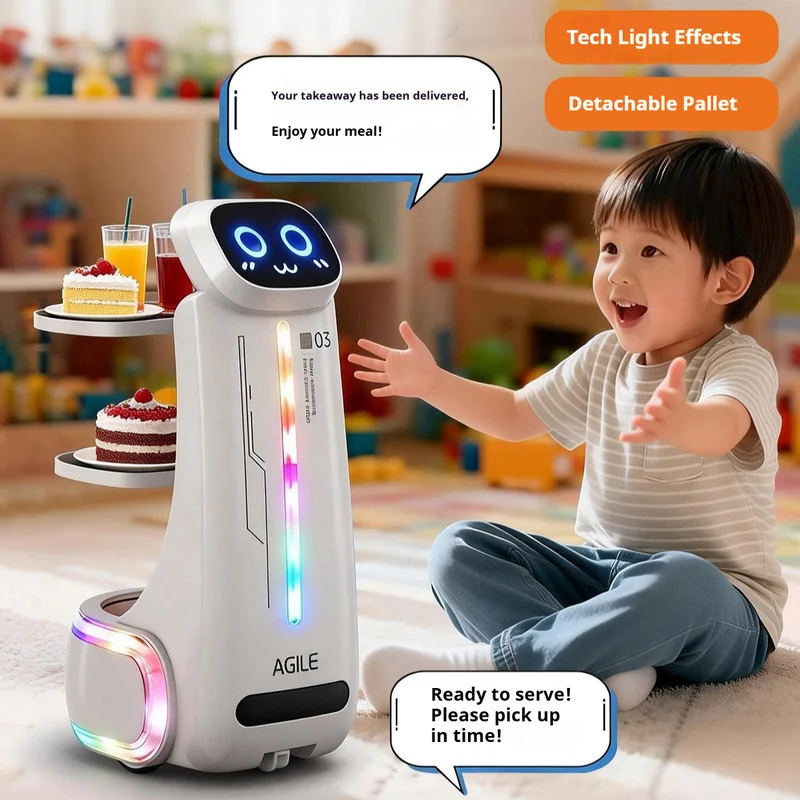 민첩한 03 원격 제어 배송 로봇 2단 트레이 음성 기능 다채로운 LED 조명 음..