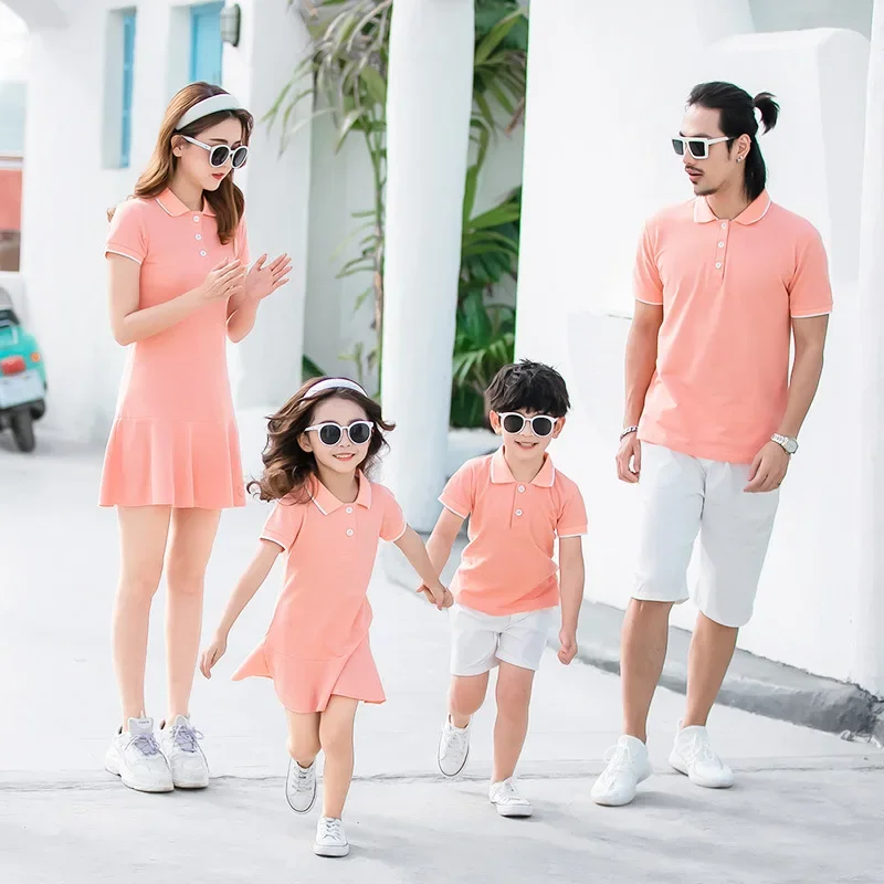 Korean Fashion Mother-Daughter Matching Dress and Polo Shirt Set Couple  Casual Outfits for Summer