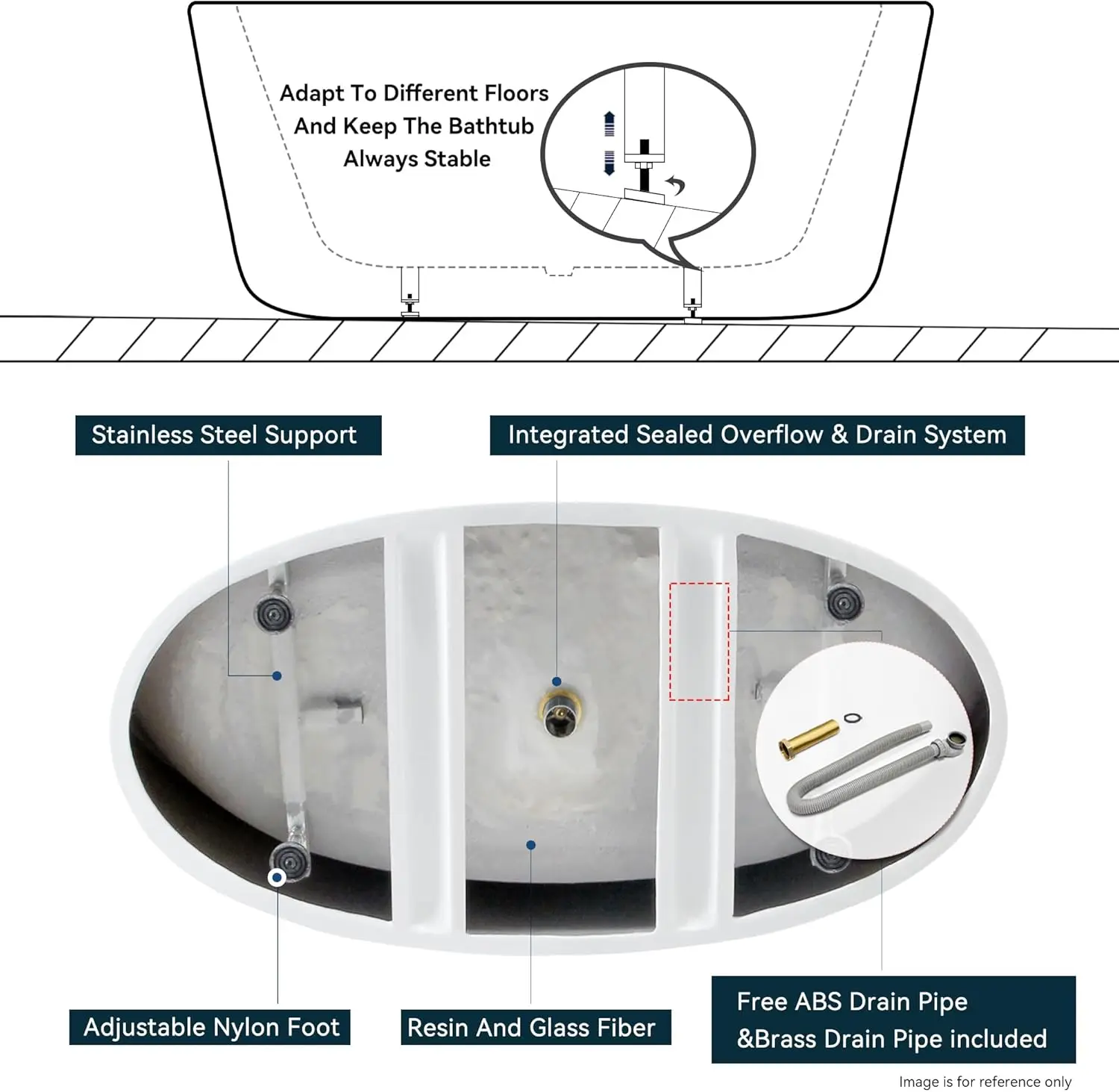 55" Freestanding Bathtub Elegant Oval Shape Soaking Bathtub Glossy White Brushed Nickel Drain Integrated Slotted Overflow 6