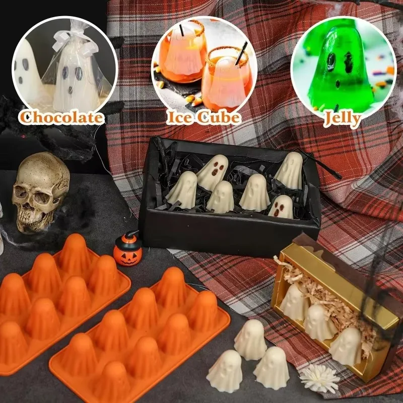Spooky Halloween Silicone Baking and Candy Mold with Ghost Bat Spider Skull Designs for DIY Chocolate Fondant Cake Decorations