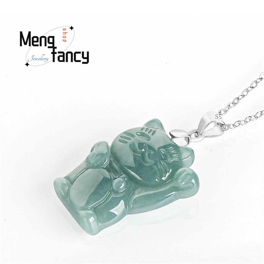 Natural A-goods Jadeite Blue Water Fortune Cat Jade Pendant S925 Silver Inlay Exquisite Cute Mascot Fashion Jewelry