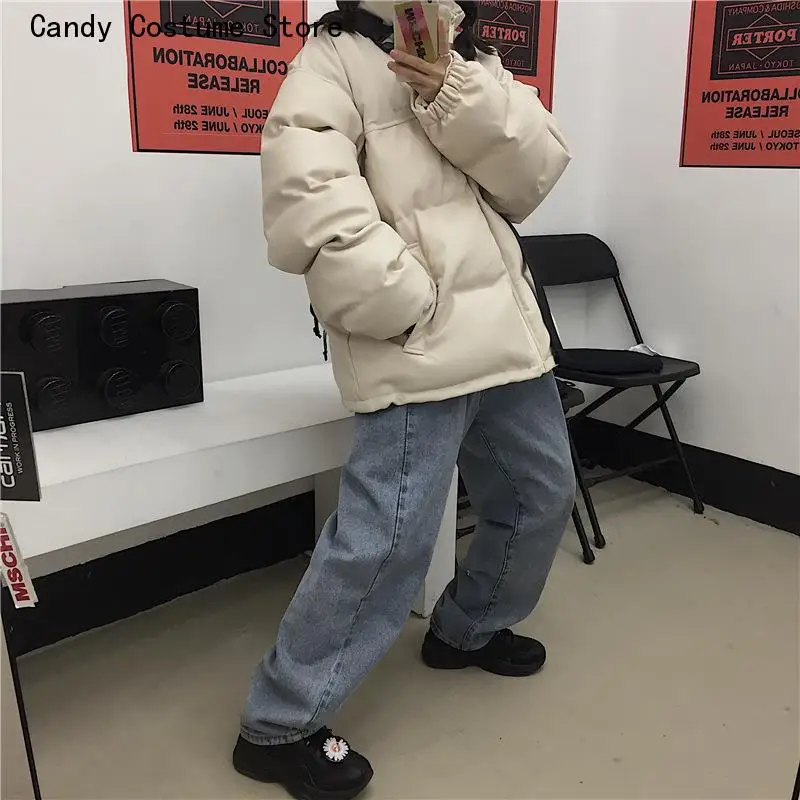 Streetwear Coat Warm Patchwork Parkas Men Winter Korean Style Retro All-Match Stand Collar Pu Leather Thick Couple Fashion
