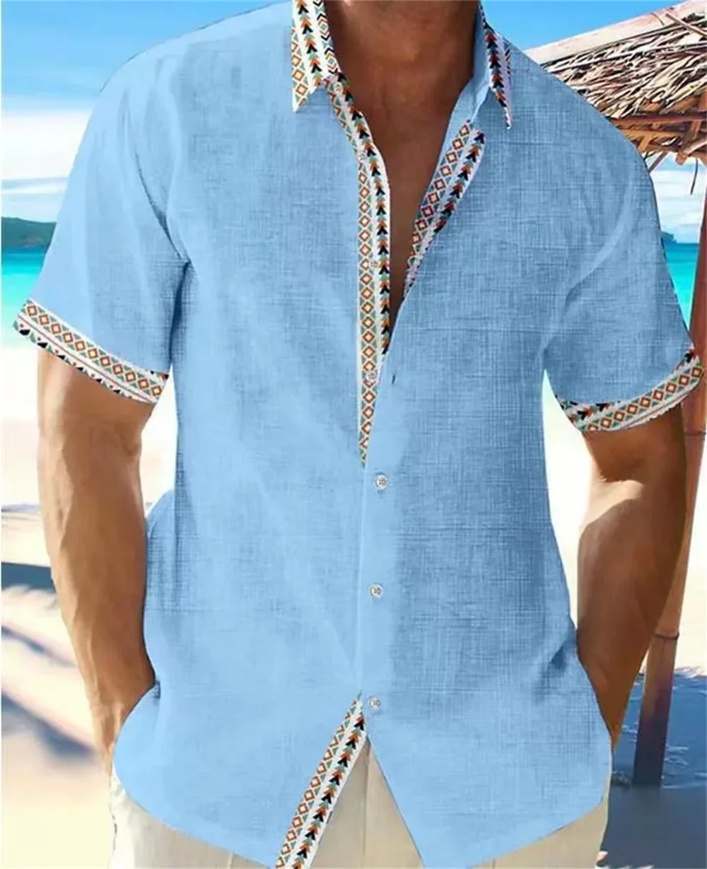 2023 New Fashion Men's Hawaii Beach Solid Linen Short Sleeve Shirt Men's High Quality Street Men's Designer Top Summer