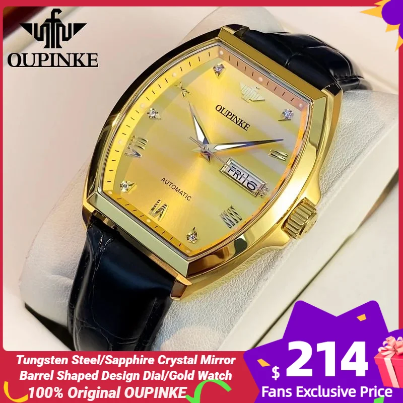 OUPINKE Automatic Watches for Men Gold Wrist watch Original Leather strap Diamond Dual Calendar Imported Mechanical Men's Watch original imported stgf10nc60kd igbt transistor 600v 9a 25w [to 220fp]