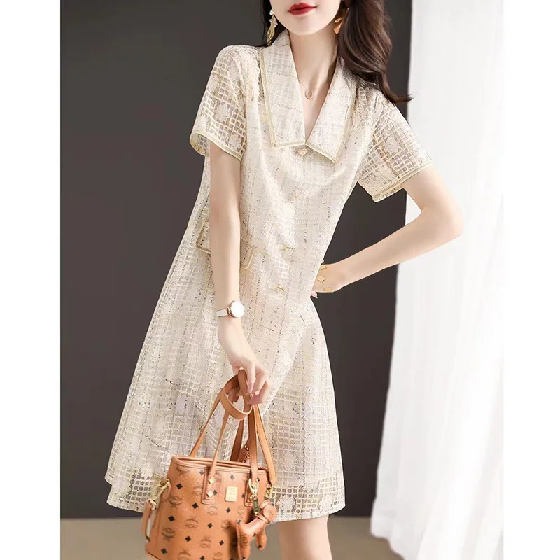 

Elegant Lapel Spliced Loose Lace Hollow Out Mini Dress Women's Clothing 2023 Summer New Short Sleeve Office Lady Princess Dress