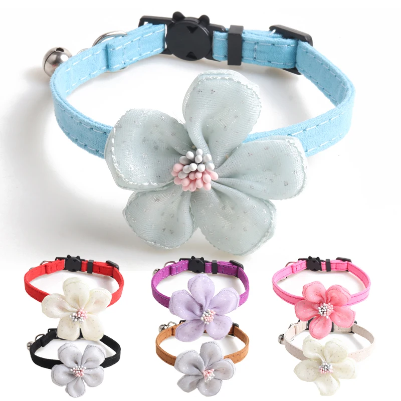 

Cute Flower Pet Cat Collar with Bell Safety Buckle for Small Cats Dogs Suede Goats Collier Chain Adjustable Quick Release XS