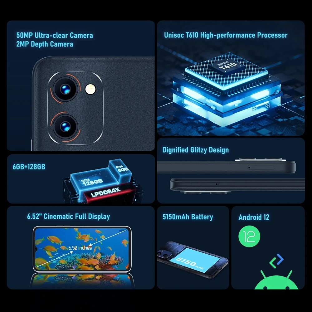 UMIDIGI C1/G1 Max Smartphones 6GB+128GB 6.52Inch Display 5150mAh Battery 50MP Camera Unisoc T610 Octa-Core Dual SIM Cellp Phone