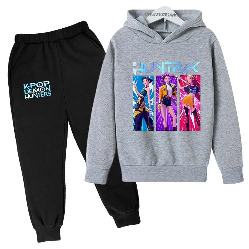 Kpop Demon Hunters Kids Hot Anime Print Spring Autumn Casual 2pcs Hoodie + Pants Tracksuits 2-13Years Girls Fashion Huntrx Clothes