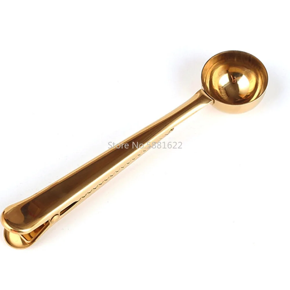 Clip de sellado de cuchara de café de acero inoxidable dos en uno, accesorios dorados de cocina, receptor de café expreso, decoración de Cucharilla 2
