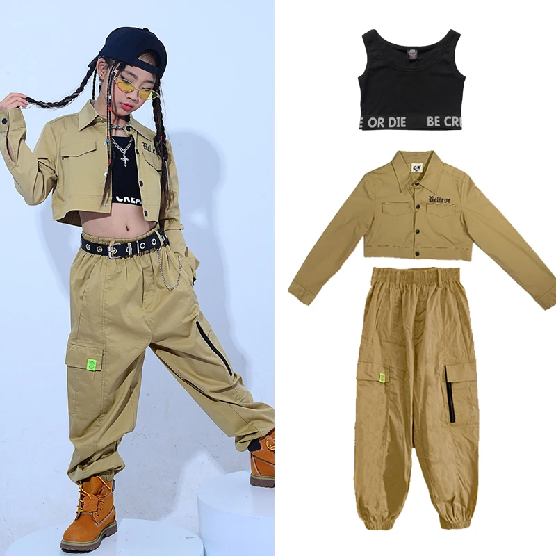 

2022 Hip Hop Dance Costumes For Kids Khaki Jazz Kpop Clothing Girls Jazz Modern Dance Performance Costumes Streetwear DQS10331