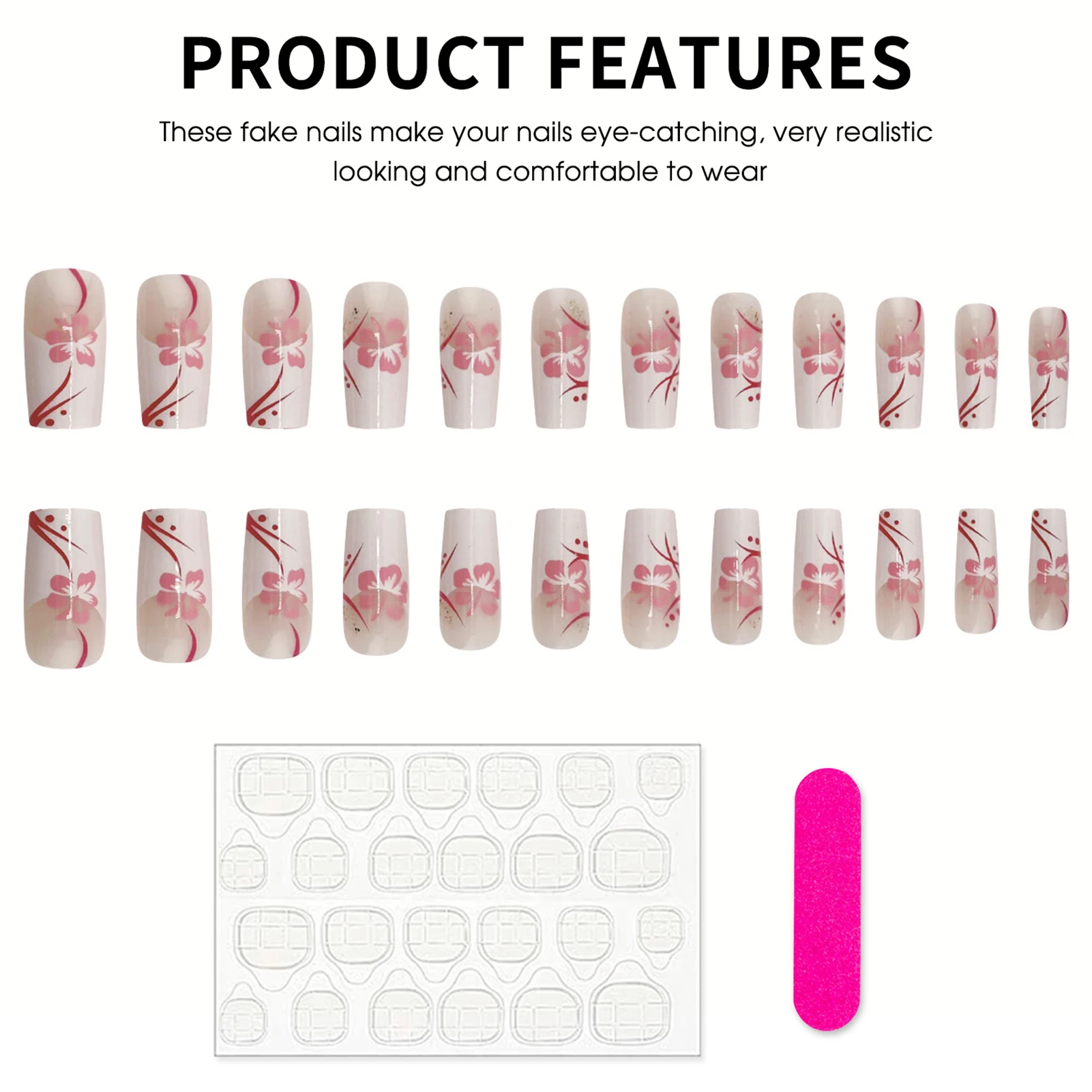 달콤한 소녀들을 위한 참 장식 가짜 손톱 24개, 화이트 프렌치 프레스온 네일, 핑크 꽃무늬 프린트 중간 길이 코핀 모양 인조 손톱 아트