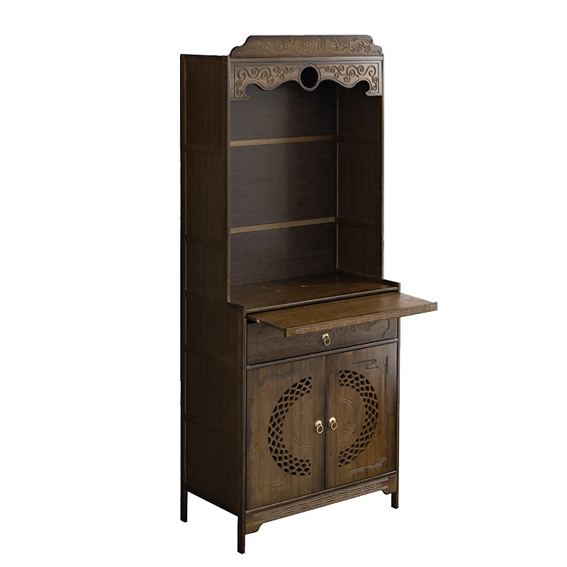 

Bamboo and wood Buddha niches offer tables, platforms, standing cabinets with doors, and altar incense