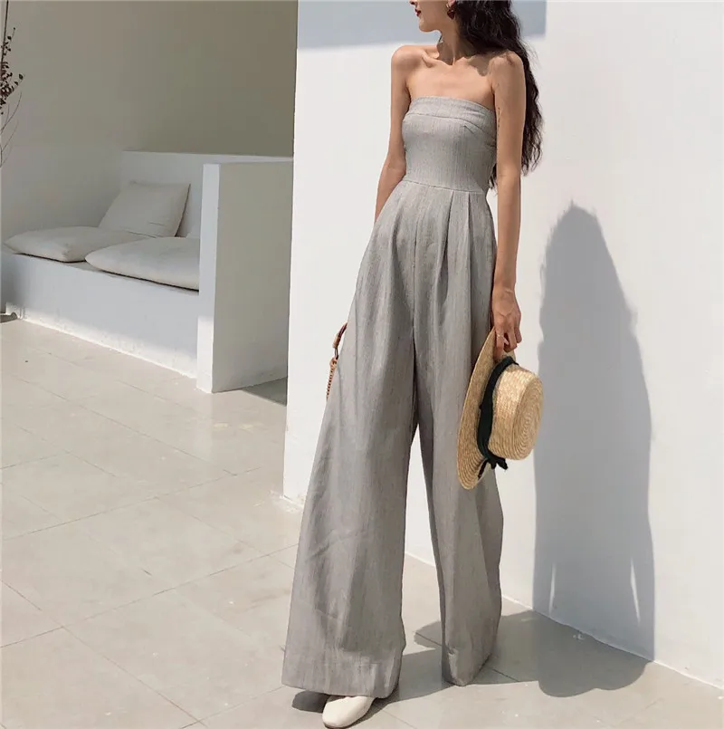 2021 New Retro Slim One-shoulder Fashion High Waist Slim Tube Top Jumpsuit Spring and Autumn Temperament Wide Leg Jumpsuit the new spring 2021 supply ol temperament women s short sleeved round necked one step skirt dress factory wholesale