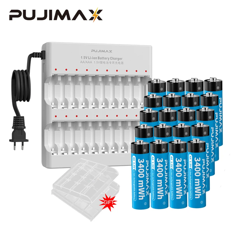 

Литий-ионный аккумулятор PUJIMAX AA 1,5 в, 20 шт., аккумулятор большой емкости МВт/ч с 20 слотами, вилка стандарта США и ЕС, умное зарядное устройство