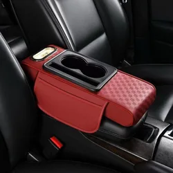 Premium Nappa Leather Car Console Cushion with Cup Holders and Phone Slot (Red S)