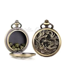 Dragon - Themed Retro Pocket Watch Case with 7 - Piece Metal Polyhedral Dice Set (Dragon phoenix)
