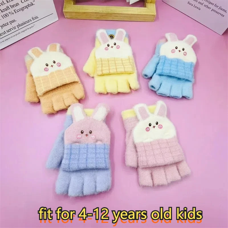 Half Finger Flip Kids Thick Warm Gloves Autumn Winter 4-12years Children's Wool Knitted Gloves Flip Fingerless Rabbit
