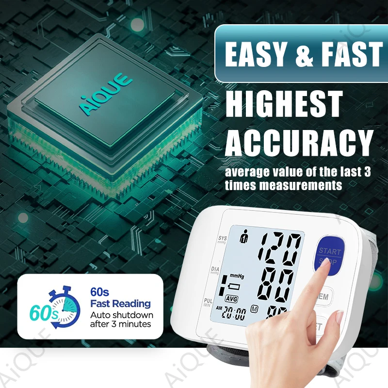 AiQUE Blacklit Wrist Type Blood Pressure Monitor LED Display Fast Measurement Digital Tensiometer BP Tonometer Heart Rate
