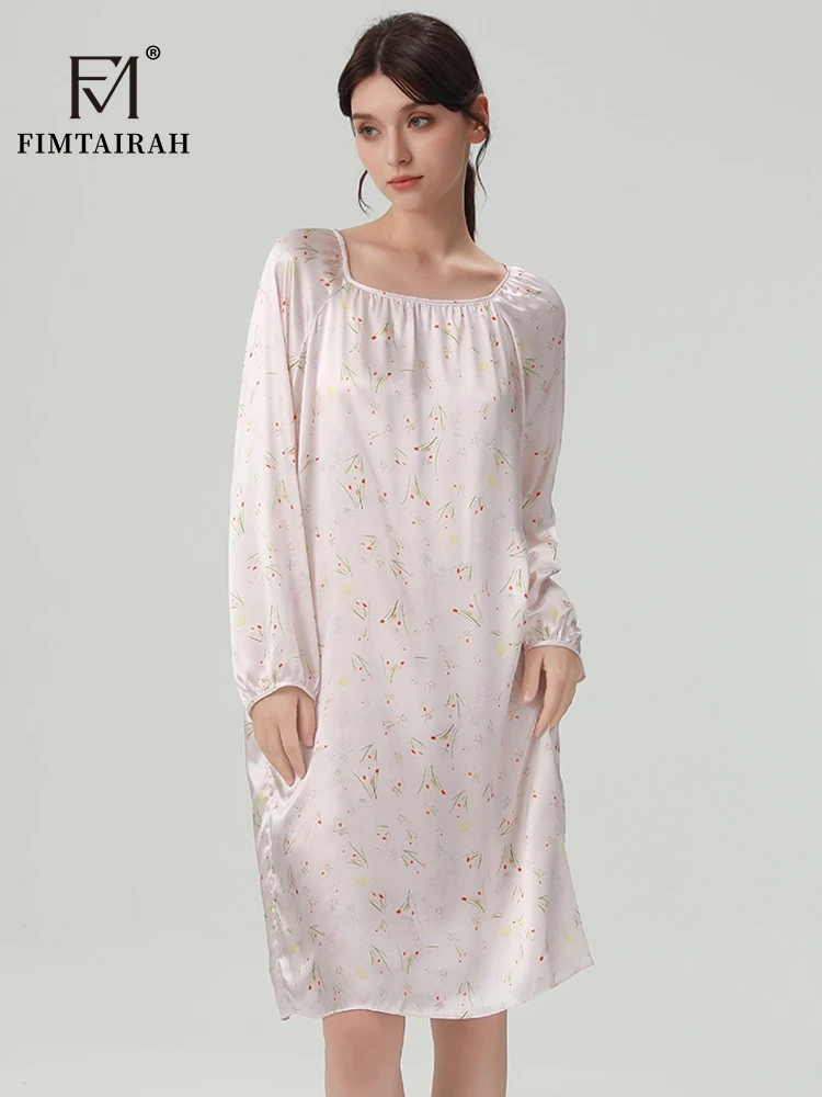 FIMTAIRAH 6A 19MM Silk Nightgown, long pajamas, long-sleeved silk high-end round-neck home wear Dress Night 4