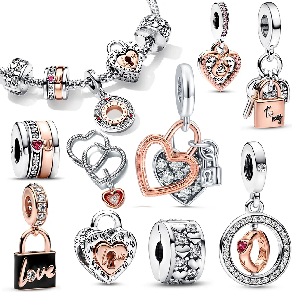 

Rose Gold 925 Sterling Silver Heart Dangle Shiny Clips Lock Key Fit Original Pandora Charm Bracelet Women Jewelry Pendant Amulet