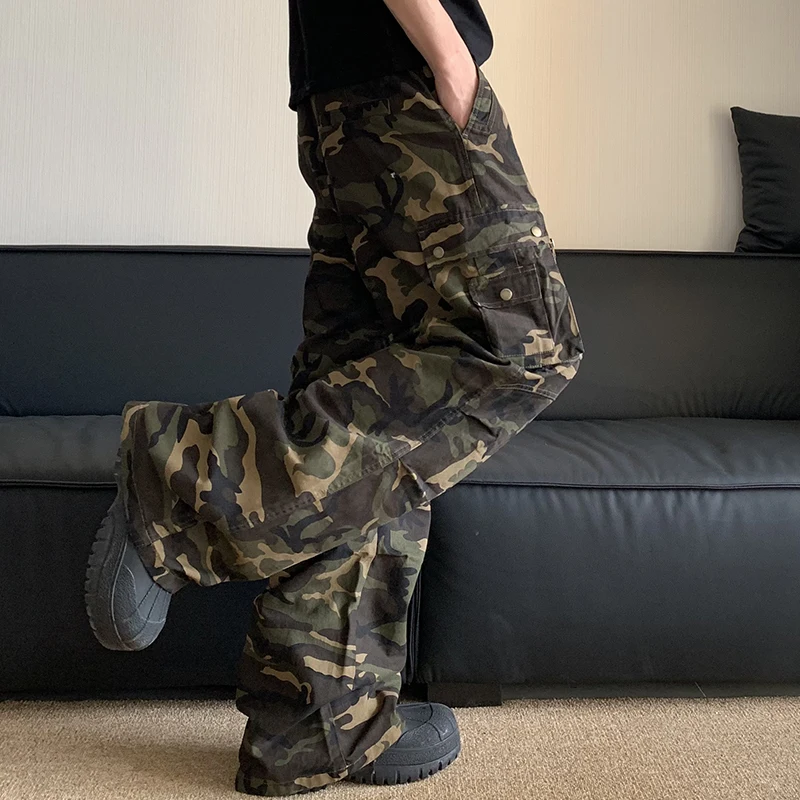 FEWQ High Street Loose Straight Tube Large Pocket Workwear Pants High Waist Camouflage Trendy 2024 Contrast Male Trousers 2
