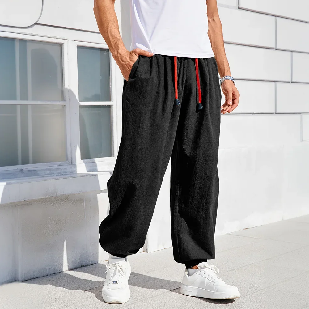 Herren Baumwoll-Leinen Haremshose Lässige Trendige Bequeme Atmungsaktive Hose Locker Sitzende Einfarbige Jogginghose Lange Herrenhose – Detail 13