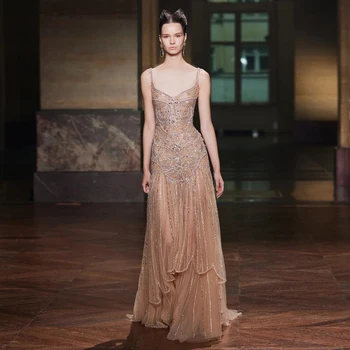 Sharon Said Dubai Champagne Spaghetti Strap Long Evening Dress with Crystal Arabic Women Wedding Party Gowns SS552 Customized 1