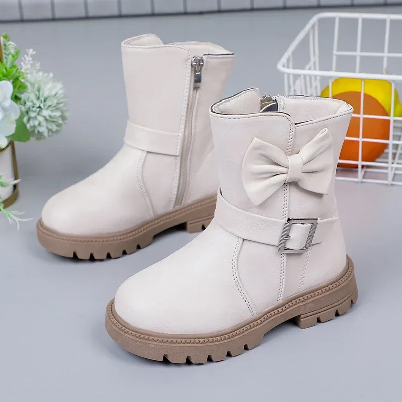 Children Girls Short Boots Solid Color Bow Buckle 2025 New Simple Non-slip Round-toe Kids Versatile Soft Princess Shoes Fashion