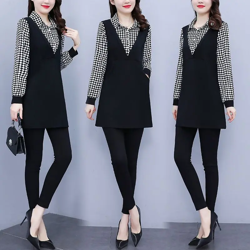 New Women's Clothing Shirt Polo-Neck Long Sleeve Office Lady Commuter Fake Two Pieces Elegant Plaid Striped Button Pullovers