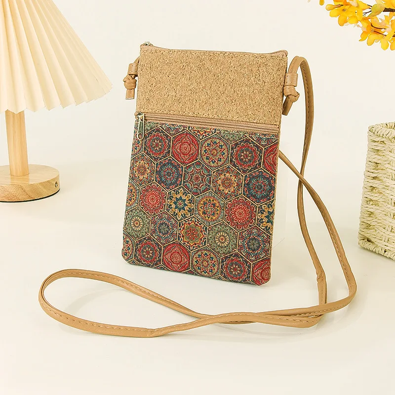 Women's Vintage Print Mobile Phone Bag Wallet Large Capacity Cork Shoulder Crossbody Bag Fashion Phone Pouch Card Holder Purse