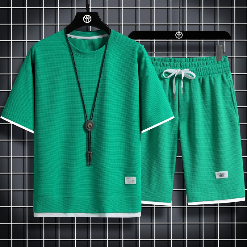 Summer Men's Two-Piece Casual Linen Plaid Short-Sleeved T-Shirt And Shorts Sports Suit Fashion Short-Sleeved Sportswear