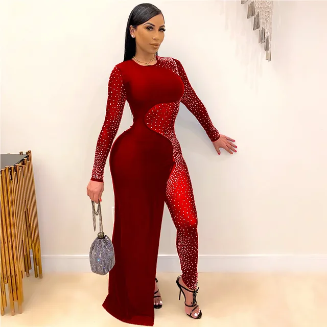 2022 Latest African Women's One Piece Dress Pants Round Collar Long Sleeve  Patchwork Mesh Dresses Diamonds Fashion Gowns Sexy - Dresses - AliExpress