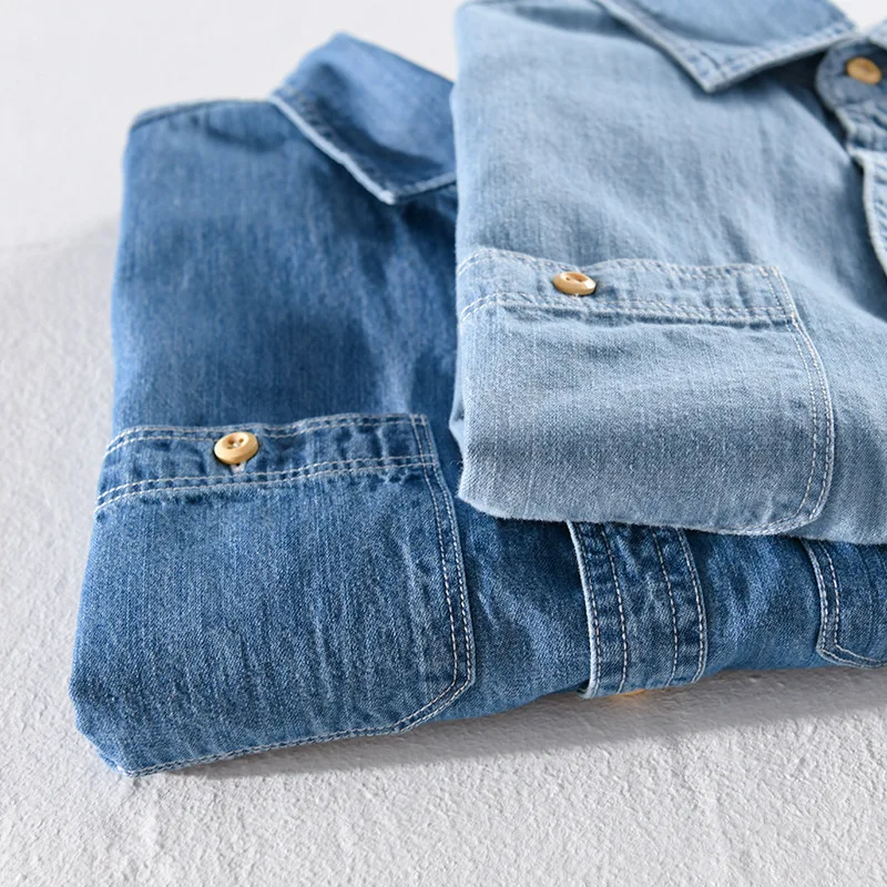 Summer Short Sleeve Denim Shirt Men Casual Slim Jean Shirts Pure Cotton Double Pockets Cowboy Shirt