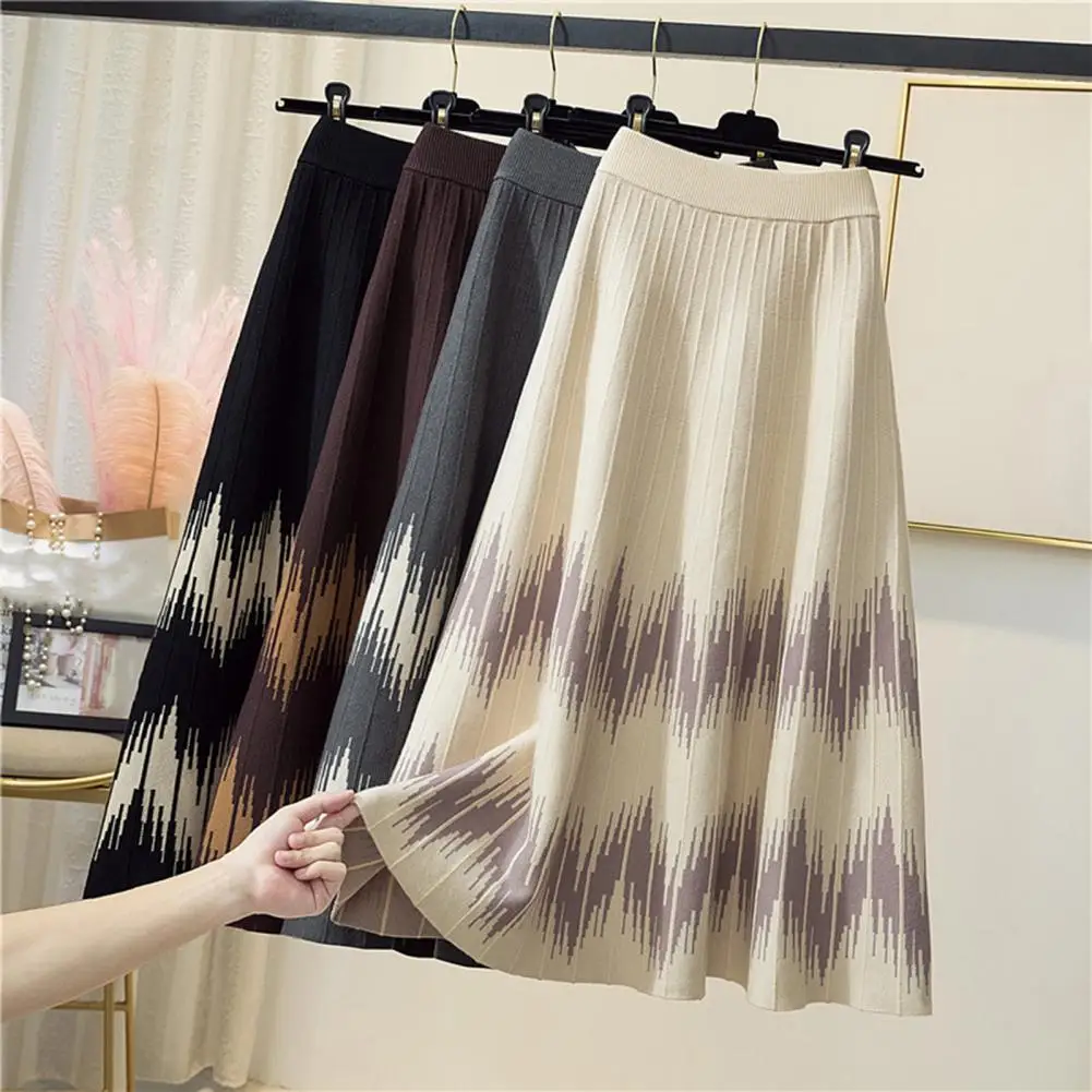 

Women Fall Winter Skirt High Waist Elastic Waist Skirt Color Matching Knitted A-line Big Swing Warm Thick Commute Midi Skirt