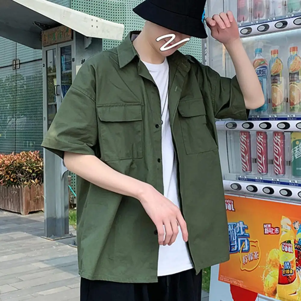 

Casual Blouse Shirt Loose Top Men Short Half Sleeves Tooling Pocket Street Plain Top