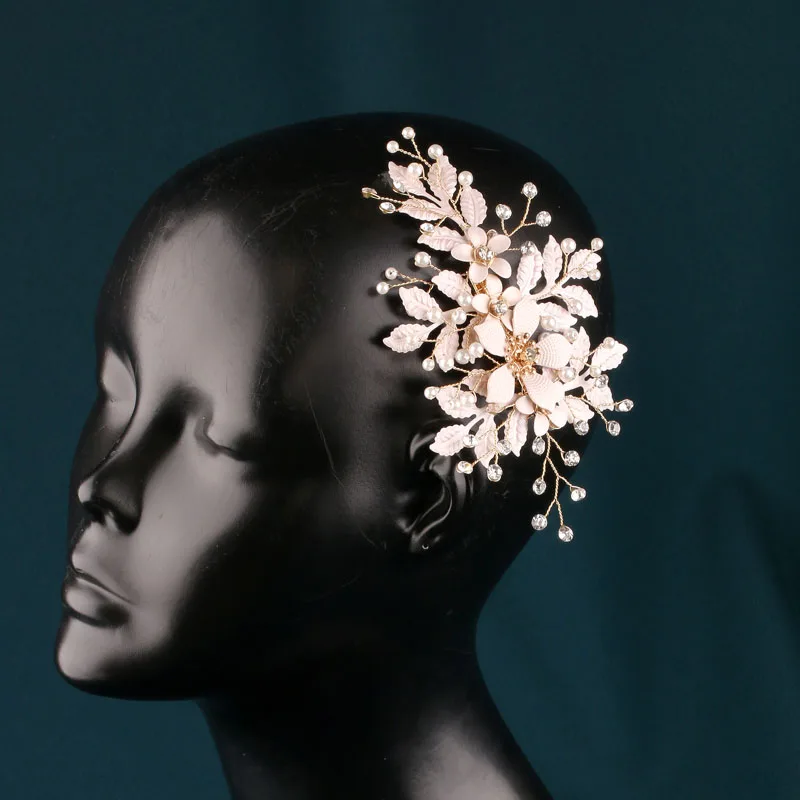Accessorio per Capelli da Sposa con Fiore Rosa, Strass e Perle, Fermaglio per Capelli da Damigella, Elegante Decorazione per Occasioni Speciali - immagine 4