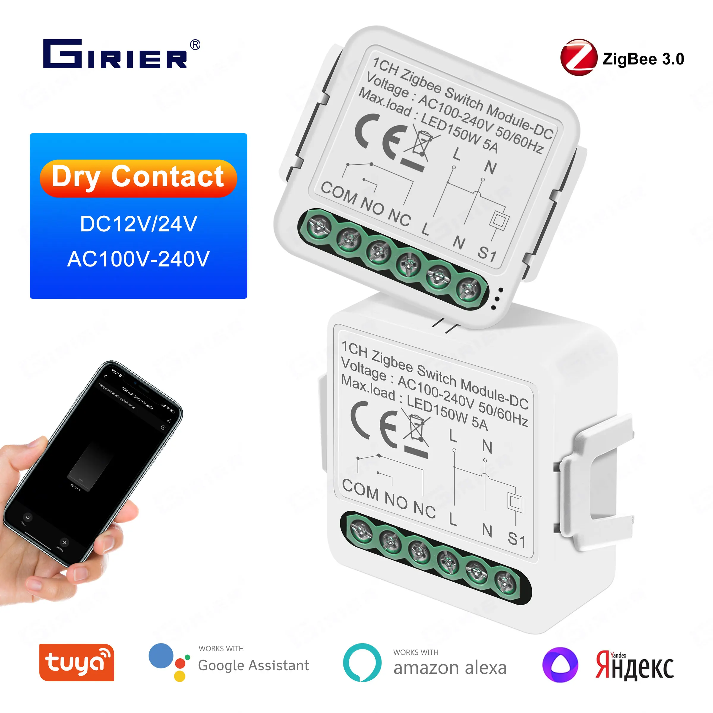 Girier Smart Zigbee Switch Module Contatto A Secco 5A Tuya Relè Interruttore Fai Da Te Dc 12/24V Ac 100-240V Funziona Con Alexa Hey Google Alice
