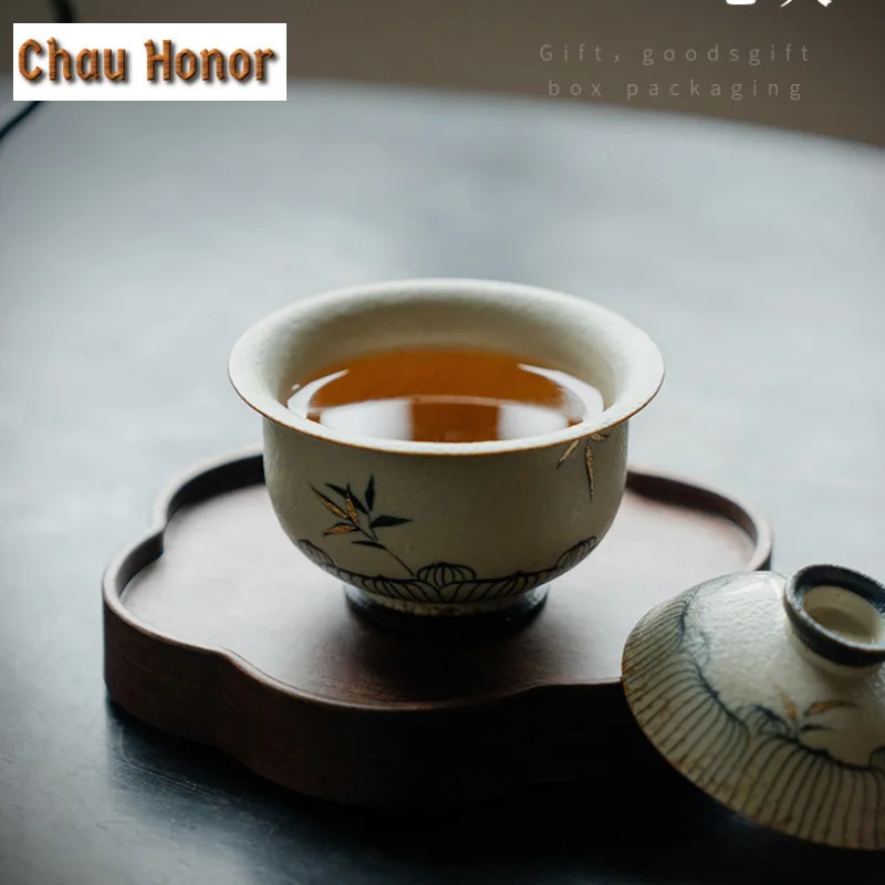 100ml Blue And White Flint Red Gaiwan Handmade Gold Drawing Bamboo Shadow Tea Tureen Tea Maker Cover Bowl Kung Fu Tea Ceremony