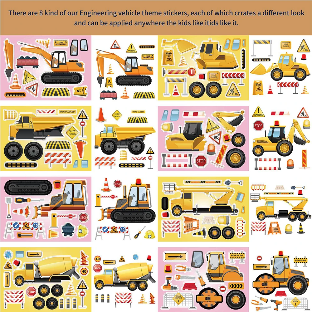 8/16sheets DIY Engineering Vehicle Truck Cartoon Stickers Puzzle Toy Decal Laptop Skateboard Wall Kids Waterproof Sticker Gift truck container toy miniature fire truck engineering truck police car diecast alloy vehicle toy 1 50 scale car transporter toy