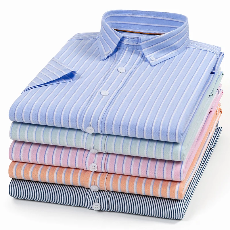 Fashion korean popular clothes cotton short sleeve shirts for men slim fit casual plain shirt houndstooth plaid striped tops