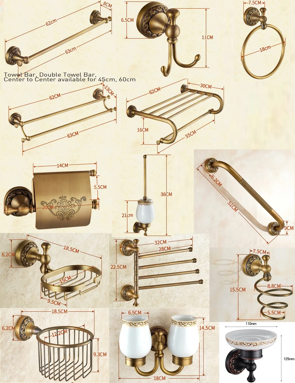 Description Picture 3 of itemBathroom Accessories Antique Brass Collection, Towel Ring, Paper Holder, Toilet Brush, Coat Hook, Bath Rack, Soap Dish, Faucet