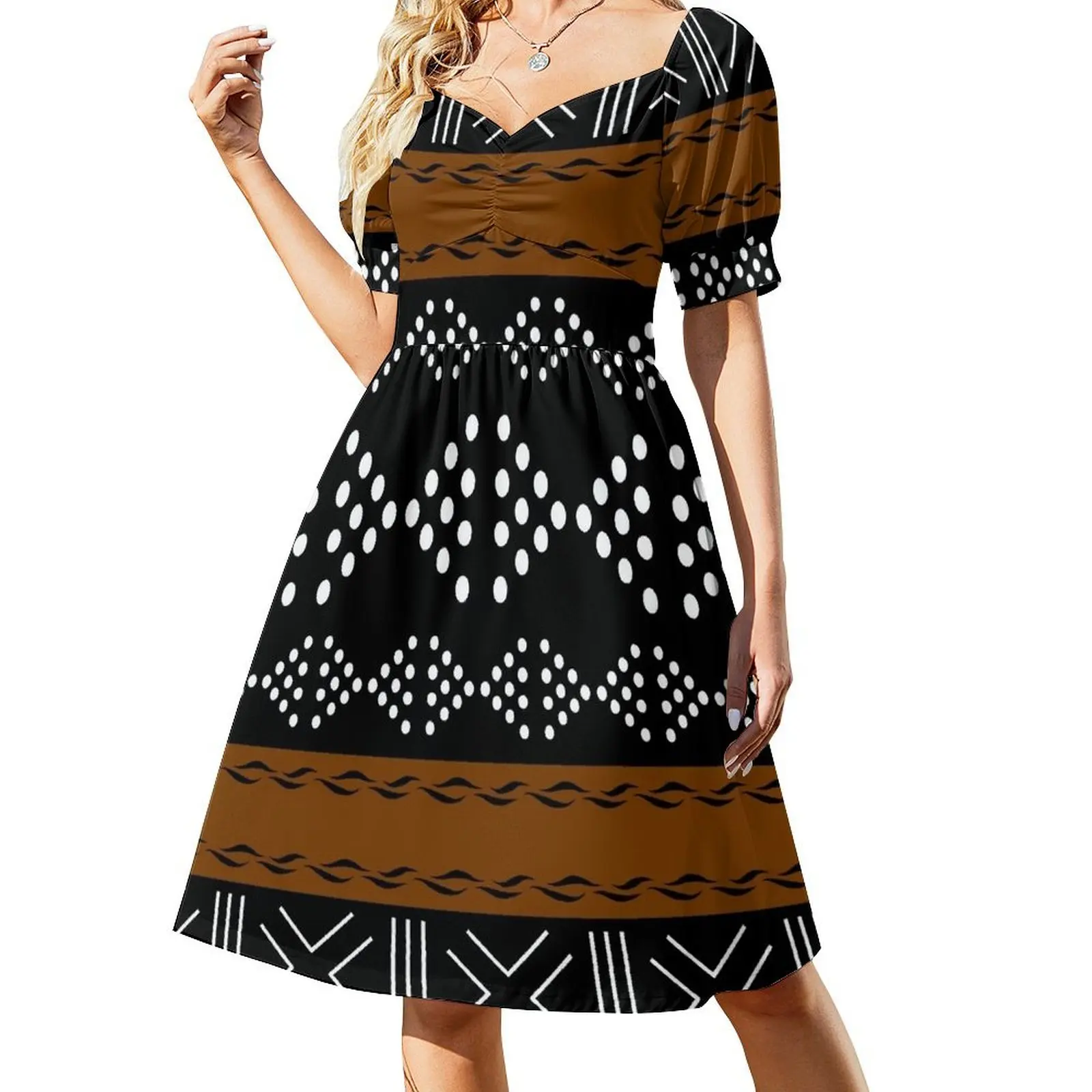 Vestido de verano de manga corta con estampado de tela de barro Bogolan africano para mujer, vestido de verano para mujer